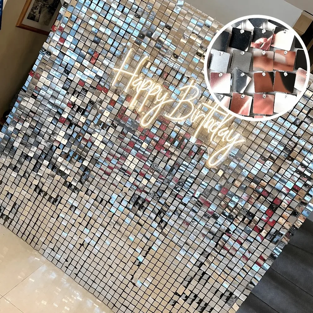 Silberne Hochzeits-Hintergrundpaneele mit Pailletten, schimmernder Wand, 24 Stück, für Party, Fotokabine — Schimmernde Wandpaneele Event-Setup-Foto (PB-02)