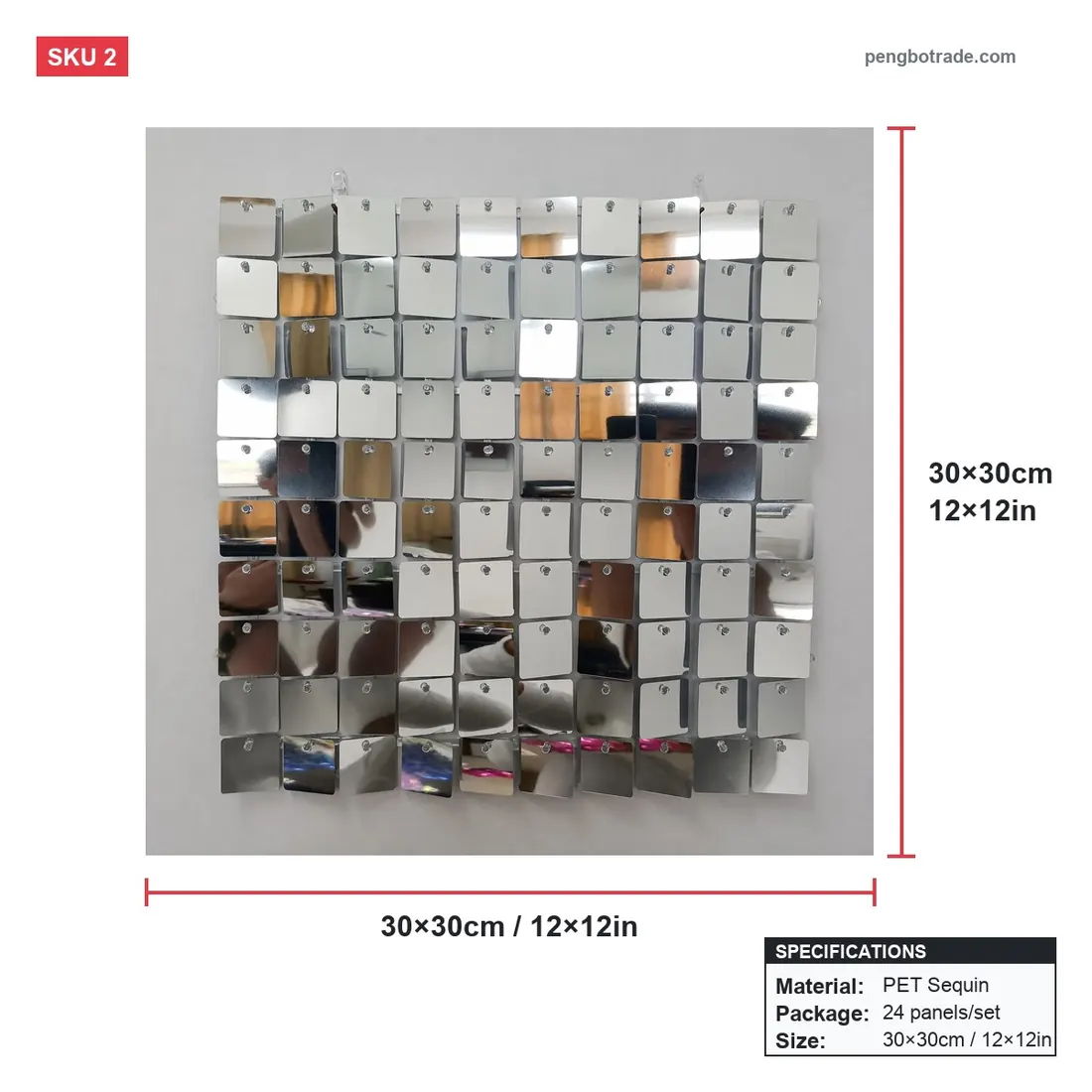 Silberne Hochzeits-Hintergrundpaneele mit Pailletten, schimmernder Wand, 24 Stück, für Party, Fotokabine — Schimmernde Wandpaneele Größendiagramm (PB-02)