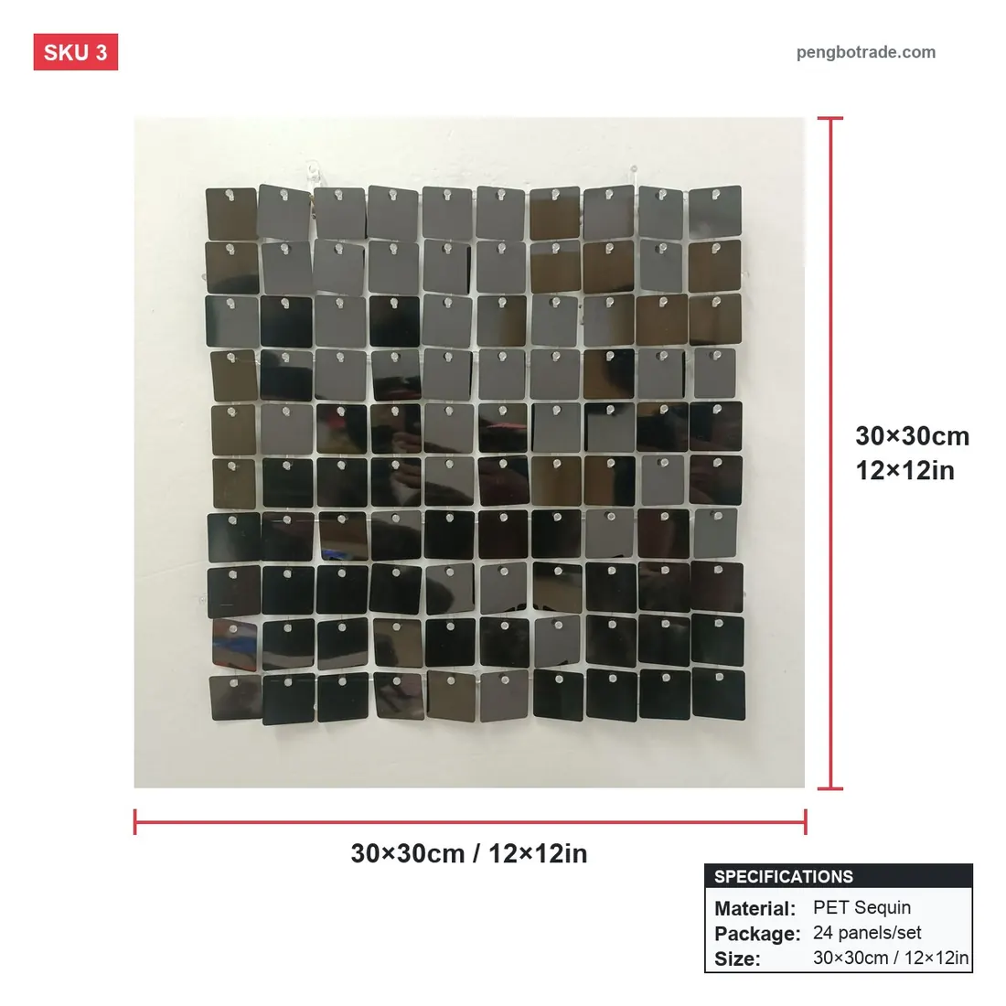Schwarze Party-Hintergrundpaneele mit Pailletten, schimmernder Wand, 24 Stück, für Event-Fotokabine — Schimmernde Wandpaneele Größendiagramm (PB-03)