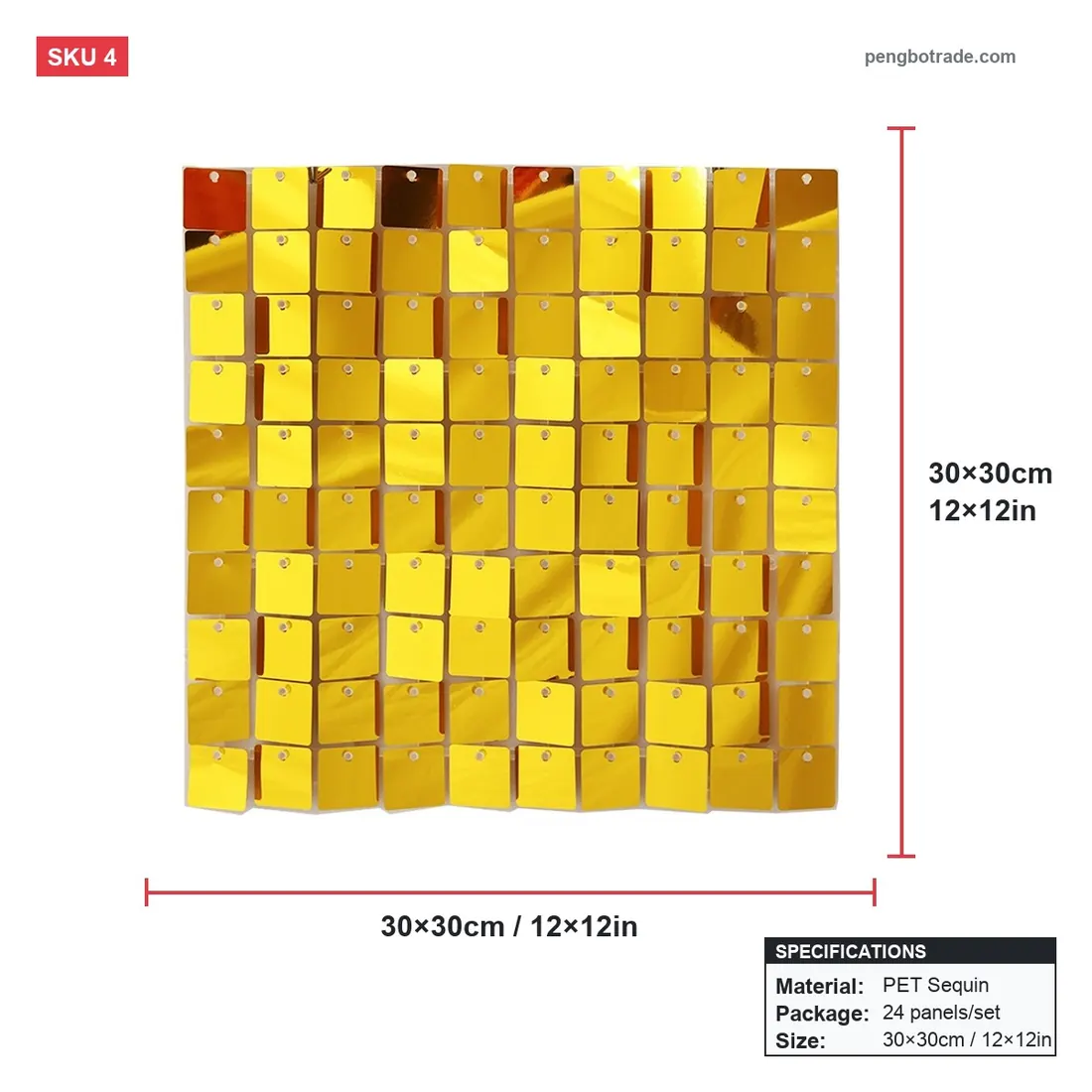 Goldene Hochzeits-Hintergrundpaneele mit Pailletten, schimmernder Wand, 24 Stück, für Party, Fotokabine — Schimmernde Wandpaneele Größendiagramm (PB-04)