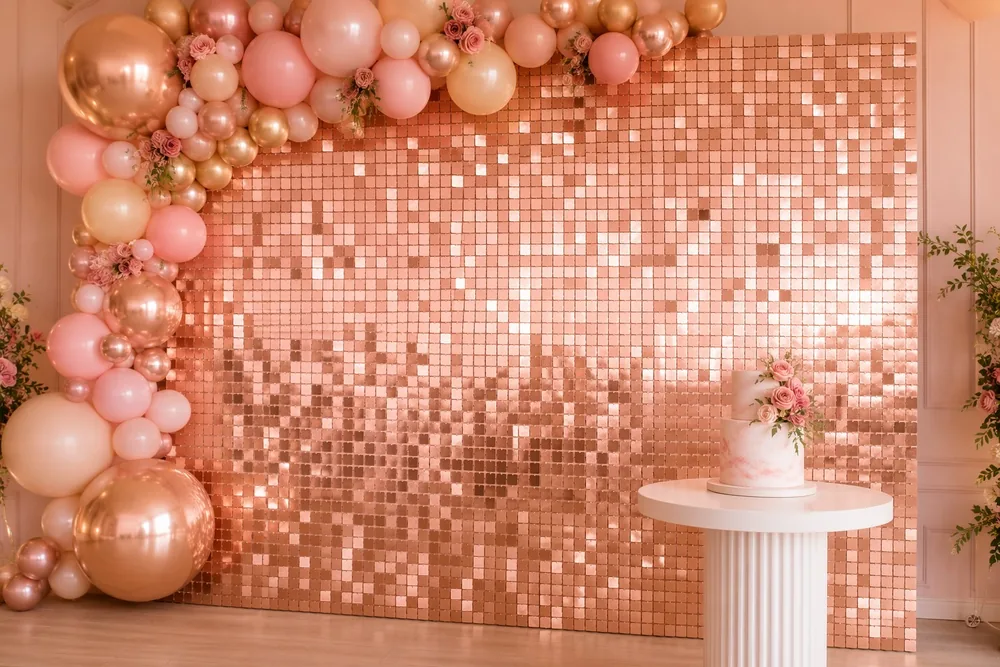 Paneles de fondo de boda de oro rosa, pared brillante con lentejuelas, 24 Uds. para despedida de soltera — Paneles de pared brillantes foto de configuración del evento (PB-07)