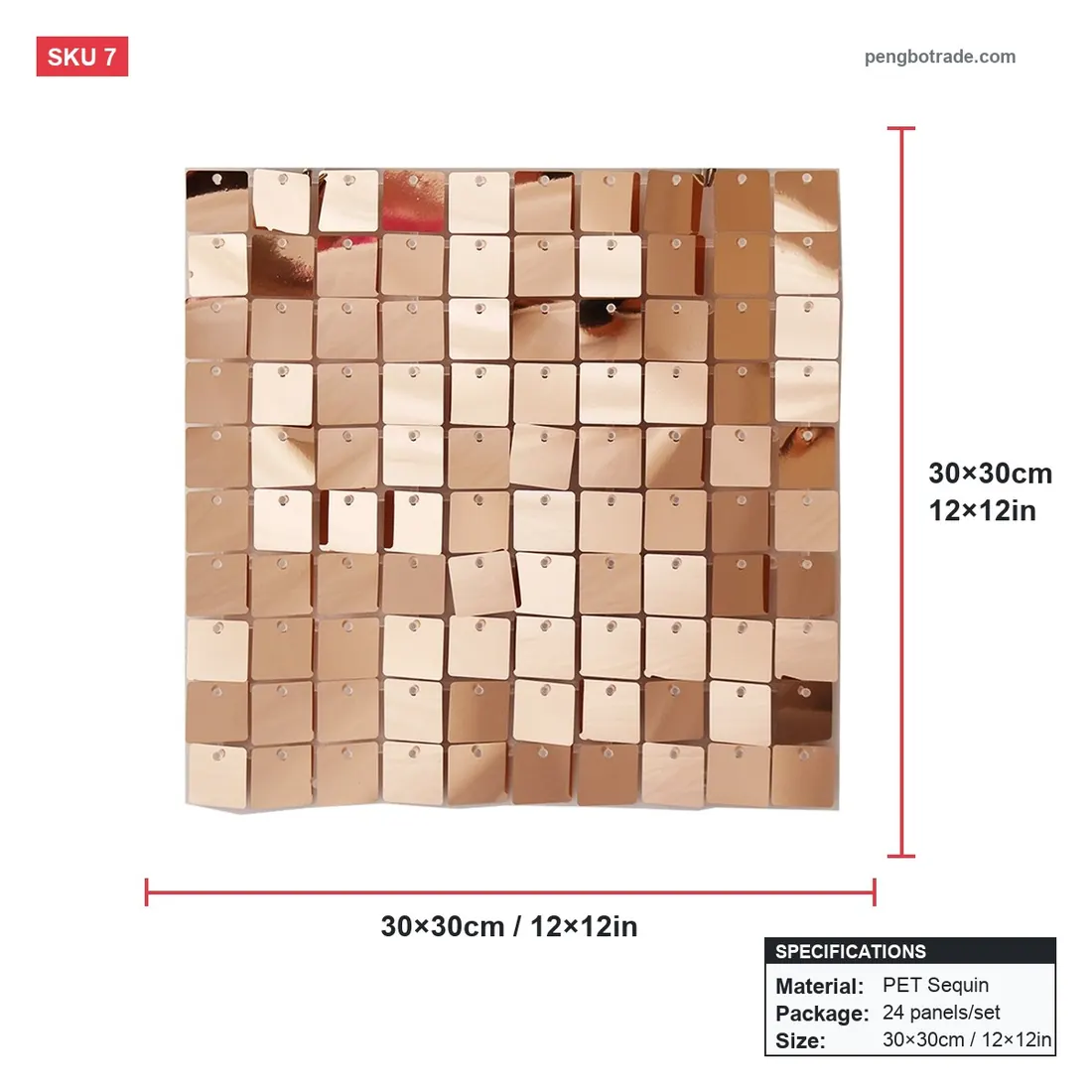 Paneles de fondo de boda de oro rosa, pared brillante con lentejuelas, 24 Uds. para despedida de soltera — Paneles de pared brillantes diagrama de tamaño (PB-07)