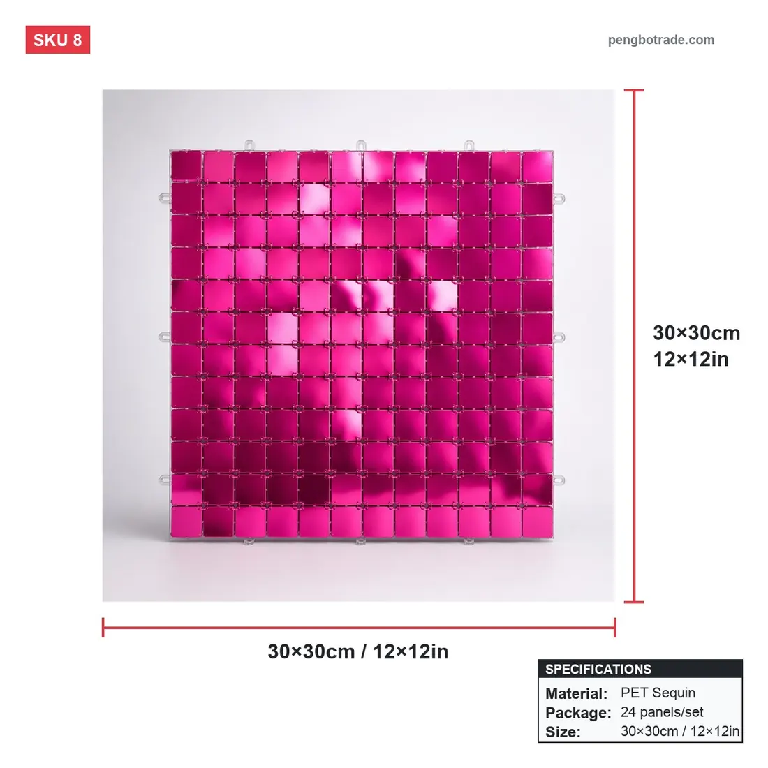 Paneles de fondo de boda de color rojo rosa, pared brillante de lentejuelas, 24 Uds. Para decoración de fiesta — Paneles de pared brillantes diagrama de tamaño (PB-08)