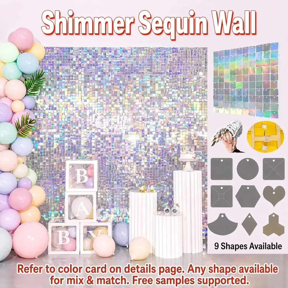 Panneaux de toile de fond de fête argentés fantaisie, mur scintillant à paillettes, 24 pièces pour stand Photo d'événement — Panneaux muraux chatoyants photo de préparation de l'événement (PB-09)