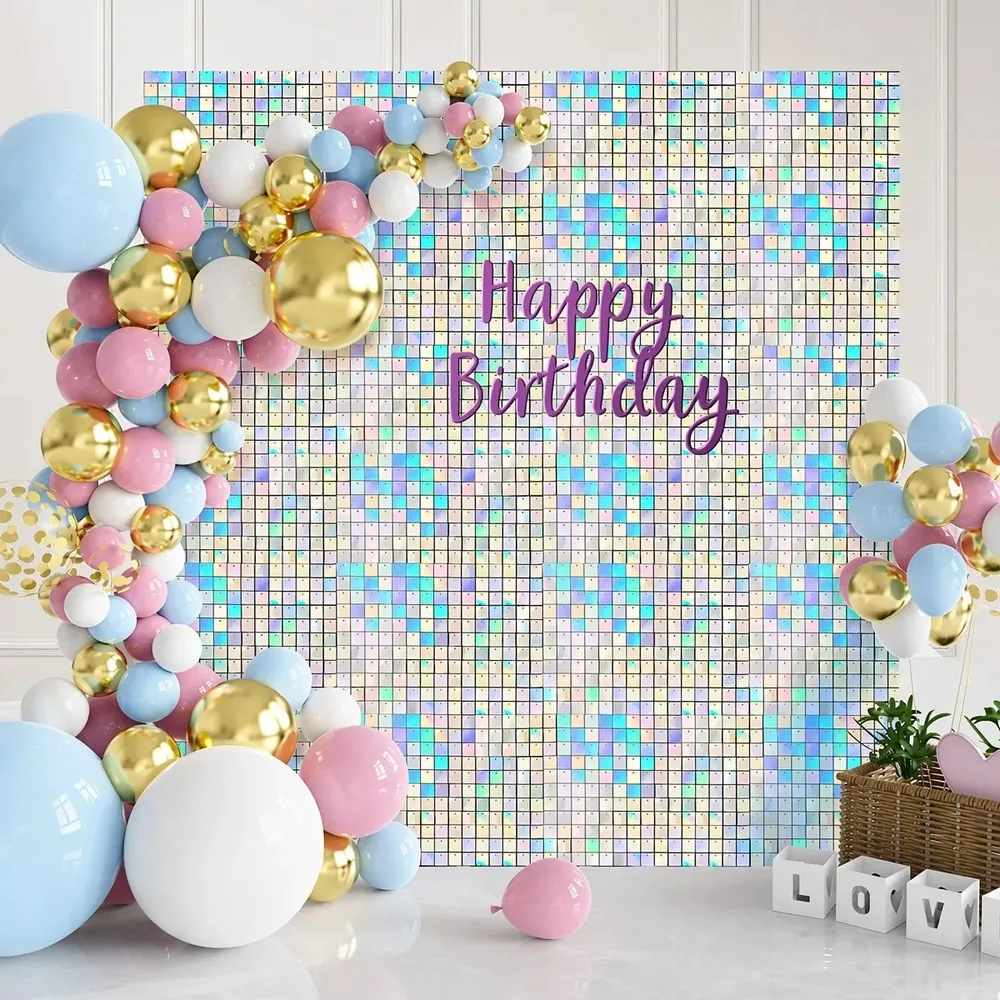 Panneaux de toile de fond de fête argentés fantaisie, mur scintillant à paillettes, 24 pièces pour stand Photo d'événement — Panneaux muraux chatoyants photo de préparation de l'événement (PB-09)