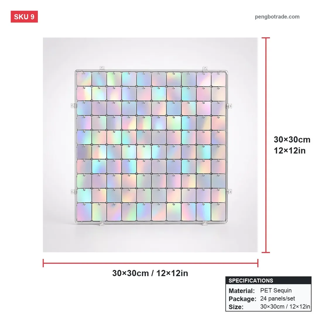 Panneaux de toile de fond de fête argentés fantaisie, mur scintillant à paillettes, 24 pièces pour stand Photo d'événement — Panneaux muraux chatoyants diagramme de taille (PB-09)