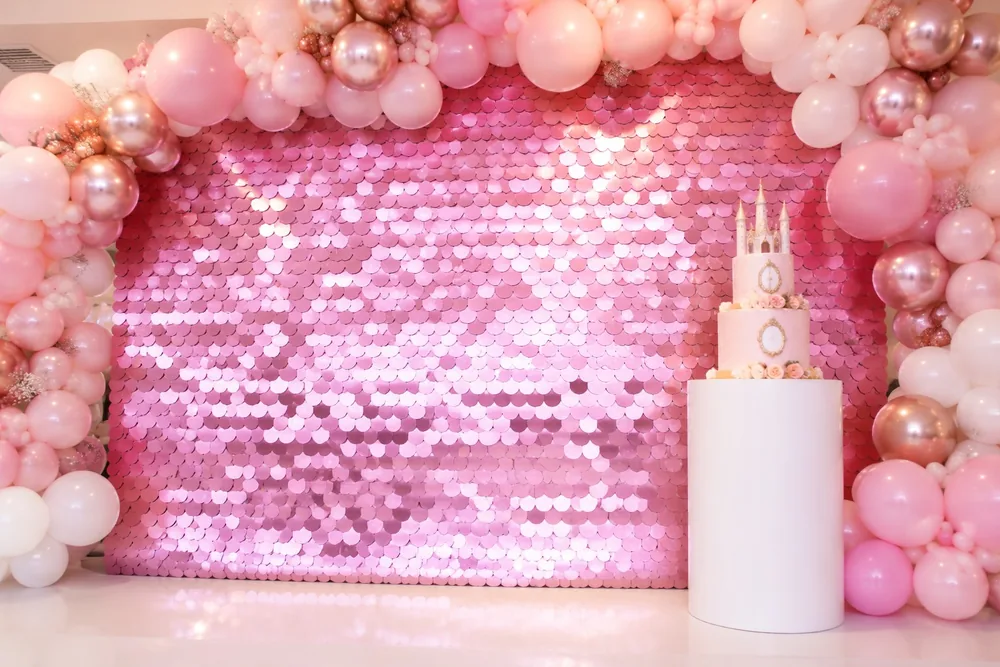 Rosa Meerjungfrau Geburtstag Hintergrund Panels Pailletten Schimmer Wand 24 Stück für Babyparty — Schimmernde Wandpaneele Event-Setup-Foto (PB-11)