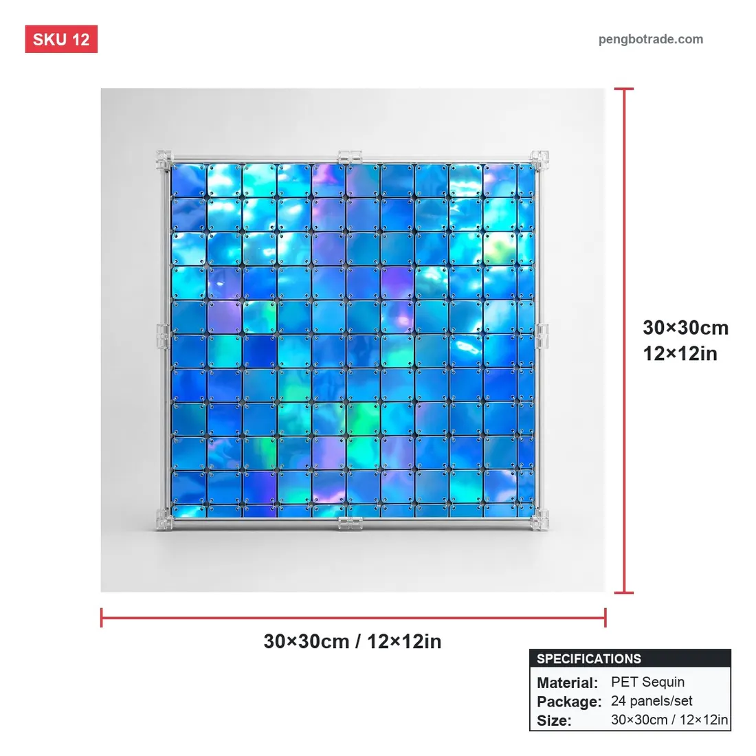 Regenbogenblaue Geburtstags-Hintergrundpaneele mit Pailletten, schimmernder Wand, 24 Stück, für Party-Dekoration — Schimmernde Wandpaneele Größendiagramm (PB-12)