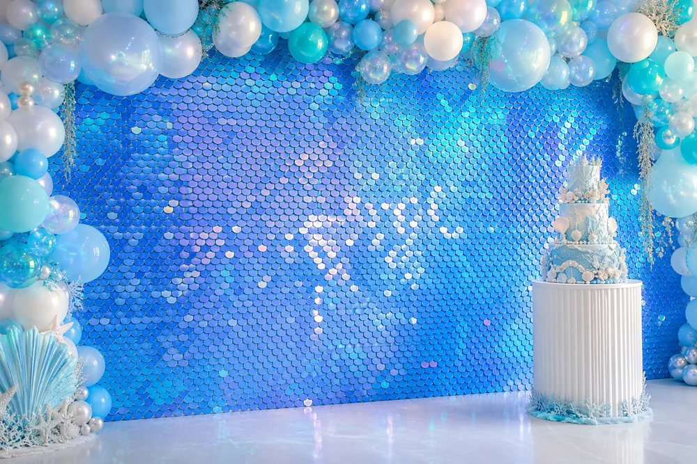 Regenbogenblaue Meerjungfrau-Geburtstags-Hintergrundpaneele mit Pailletten, schimmernder Wand, 24 Stück, für Kinderparty — Schimmernde Wandpaneele Event-Setup-Foto (PB-13)