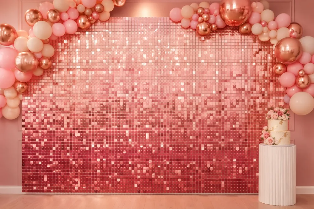 Rosafarbener Ombre-Geburtstags-Hintergrund mit Farbverlauf, Pailletten-Schimmer-Wand für Babyparty — Schimmernde Wandpaneele Event-Setup-Foto (PB-14)