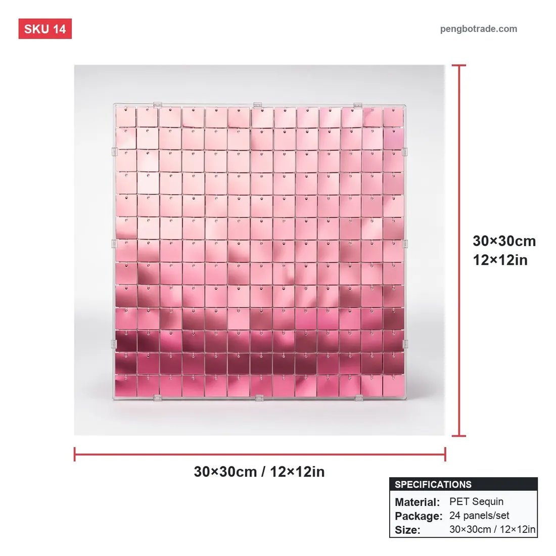 Rosafarbener Ombre-Geburtstags-Hintergrund mit Farbverlauf, Pailletten-Schimmer-Wand für Babyparty — Schimmernde Wandpaneele Größendiagramm (PB-14)