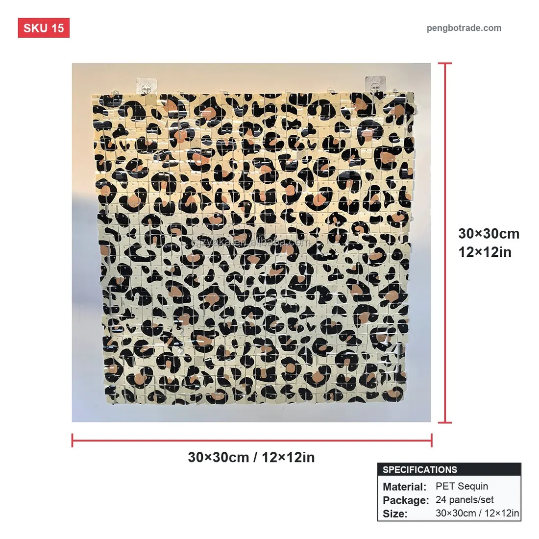 Khakifarbene Party-Hintergrundpaneele mit Leopardenmuster, Pailletten-Schimmer-Wand, 24 Stück, für Veranstaltungen — Schimmernde Wandpaneele Größendiagramm (PB-15)