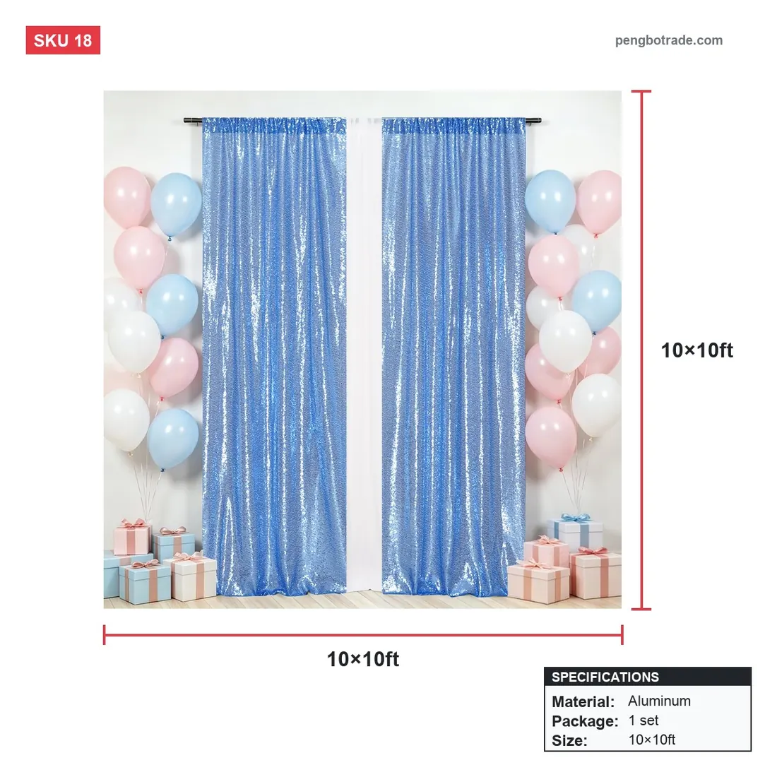 Goldener Paillettenvorhang, Hochzeitshintergrund mit verstellbarem Ständer für Party — Ständer und Rahmen Größendiagramm (PB-18)