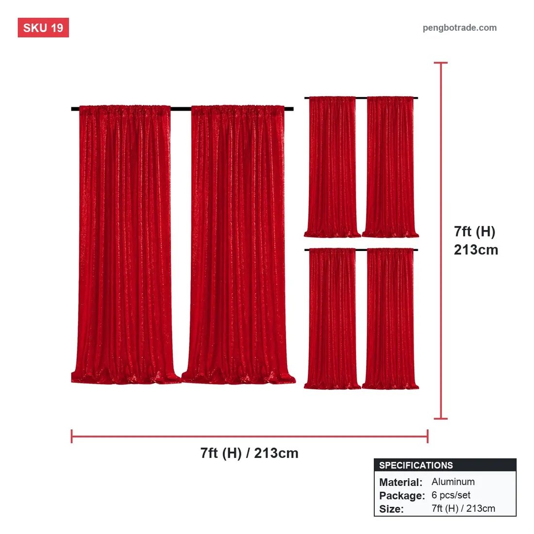 Roter Paillettenvorhang, Hochzeitshintergrund mit verstellbarem Ständer für Party — Ständer und Rahmen Größendiagramm (PB-19)