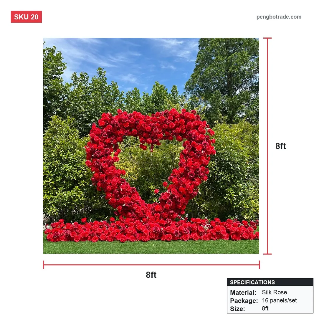 8 Fuß roter Rosen-Herz-Hochzeitshintergrund, Blumenwand, 244 x 244 cm, für Party-Fotokabine — Blumenwände Größendiagramm (PB-20)