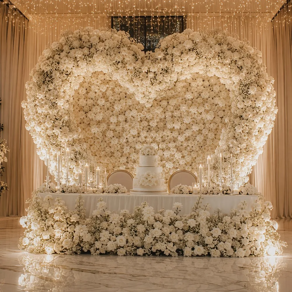 Mur de fleurs en forme de cœur de Rose blanche, 8 pieds, 244x244cm, pour fête, cabine Photo — Murs de fleurs photo de préparation de l'événement (PB-21)