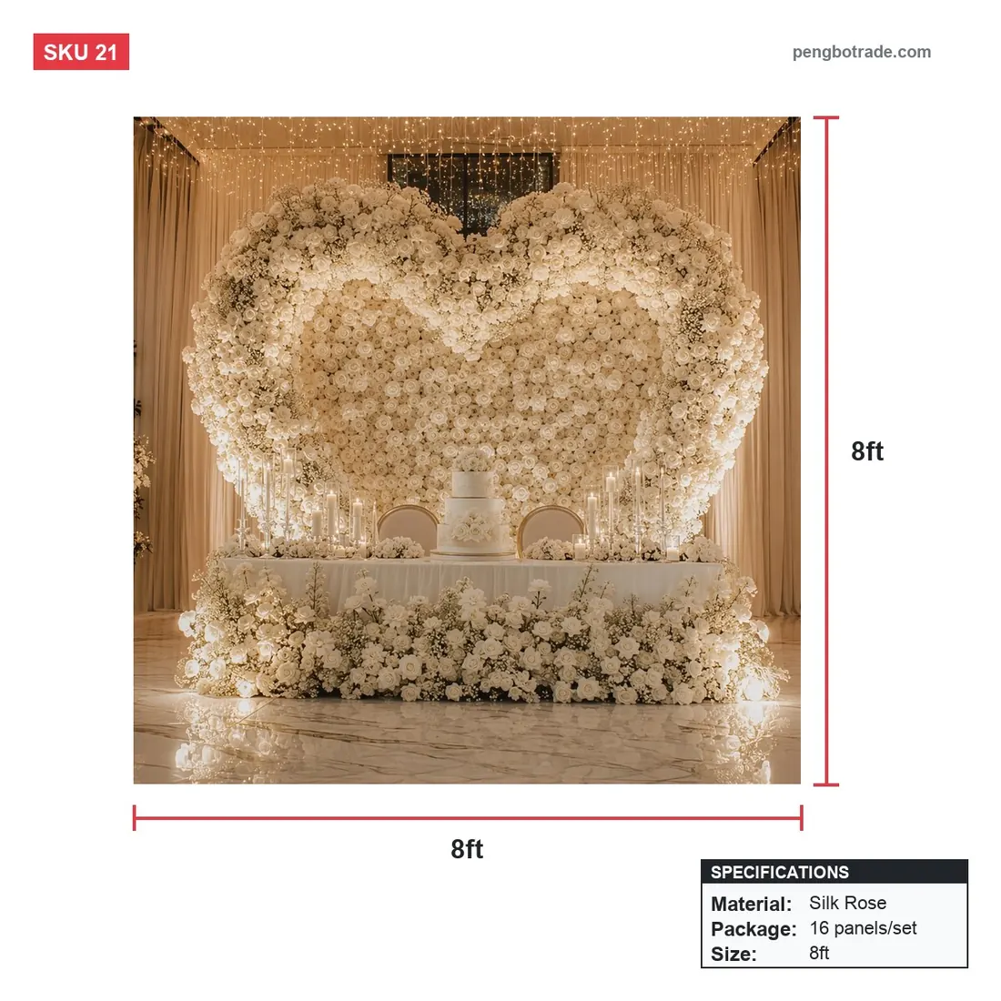 Mur de fleurs en forme de cœur de Rose blanche, 8 pieds, 244x244cm, pour fête, cabine Photo — Murs de fleurs diagramme de taille (PB-21)