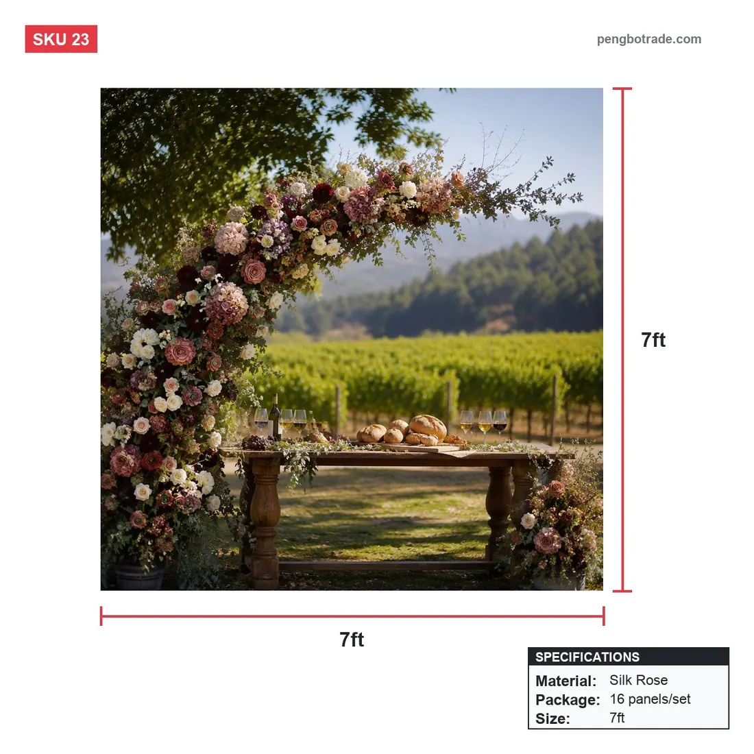 Mehrfarbiger Rosen-Hortensien-Hochzeits-Hintergrund, Blumenwand, 1,8 m + 2,1 m, für Party-Dekoration — Blumenwände Größendiagramm (PB-23)