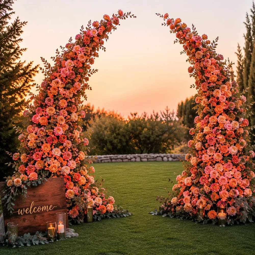 Rosa-orange gehörnter Hochzeits-Hintergrund, Blumenbogen, 1,8 m und 2,1 m für Party-Dekoration — Blumenbögen Event-Setup-Foto (PB-24)