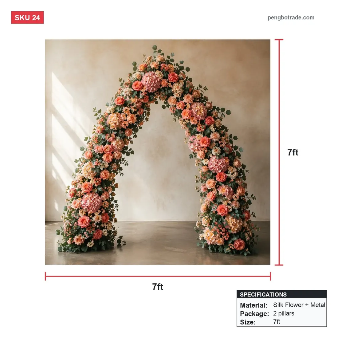 Rosa-orange gehörnter Hochzeits-Hintergrund, Blumenbogen, 1,8 m und 2,1 m für Party-Dekoration — Blumenbögen Größendiagramm (PB-24)