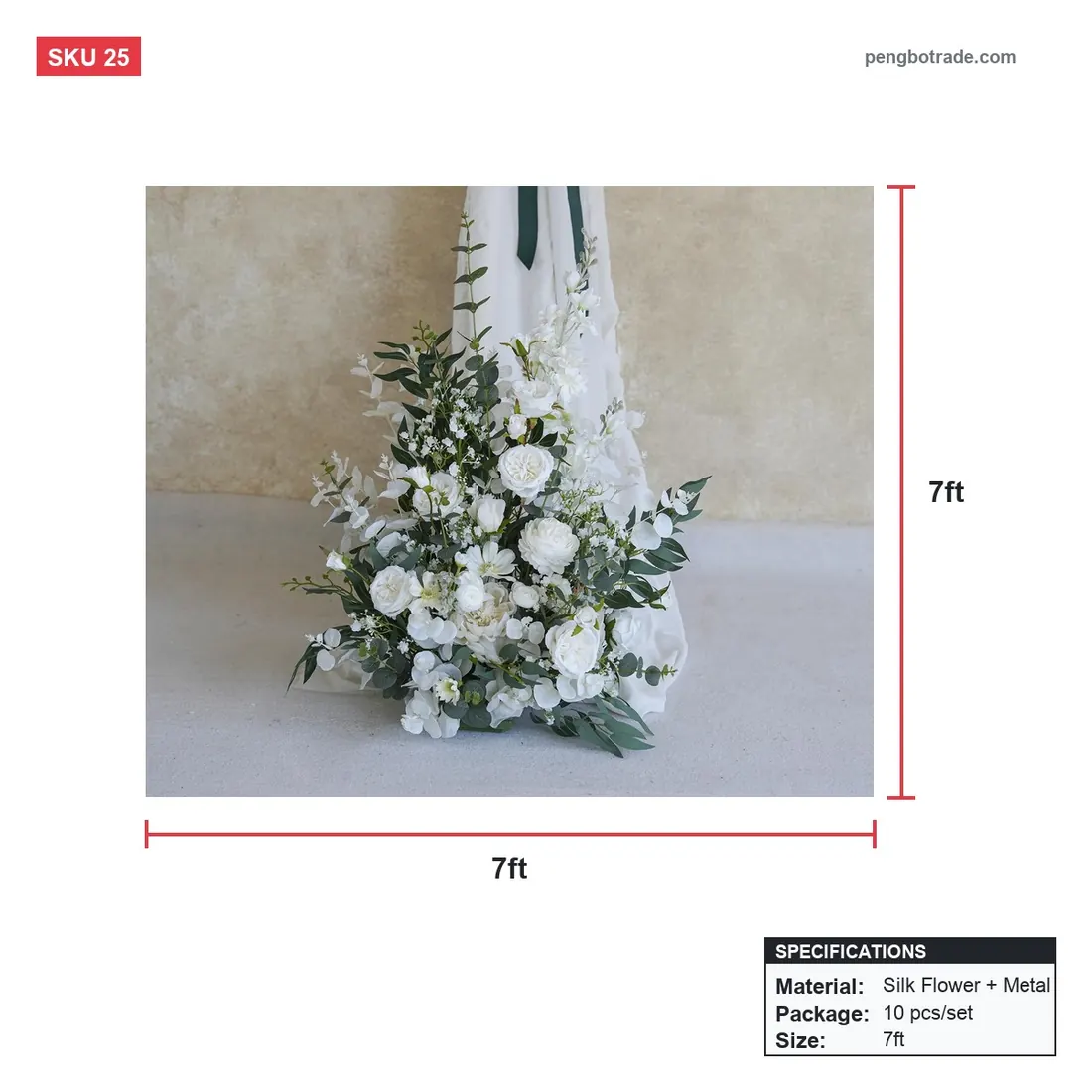 Grün-weißer, gehörnter Hochzeitshintergrund, Blumenbogen, 1,8 m und 2,1 m für Party-Dekoration — Blumenbögen Größendiagramm (PB-25)