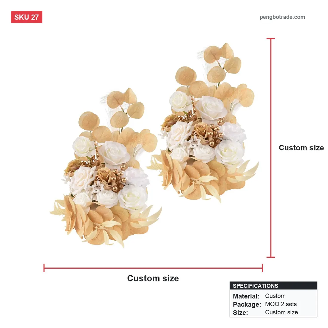 Weißes stehendes Blumenarrangement-Set, 3-teilig, für Hochzeit, Gang, Party, Dekoration — Blumenwände Größendiagramm (PB-27)
