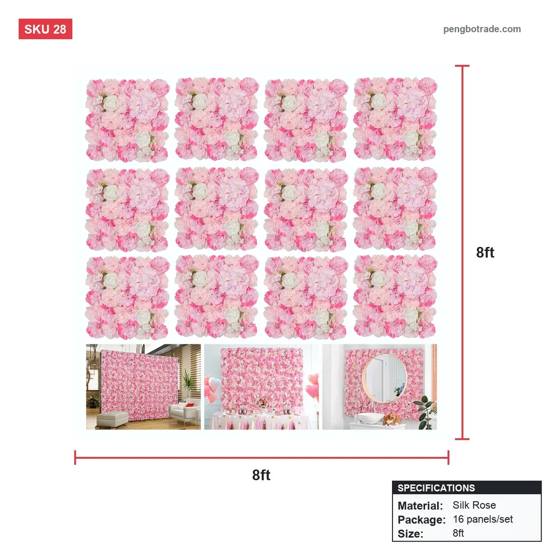 Bunte Rosen-Hochzeits-Hintergrund-Blumen-Wandplatte für Party-Fotokabine — Blumenwände Größendiagramm (PB-28)