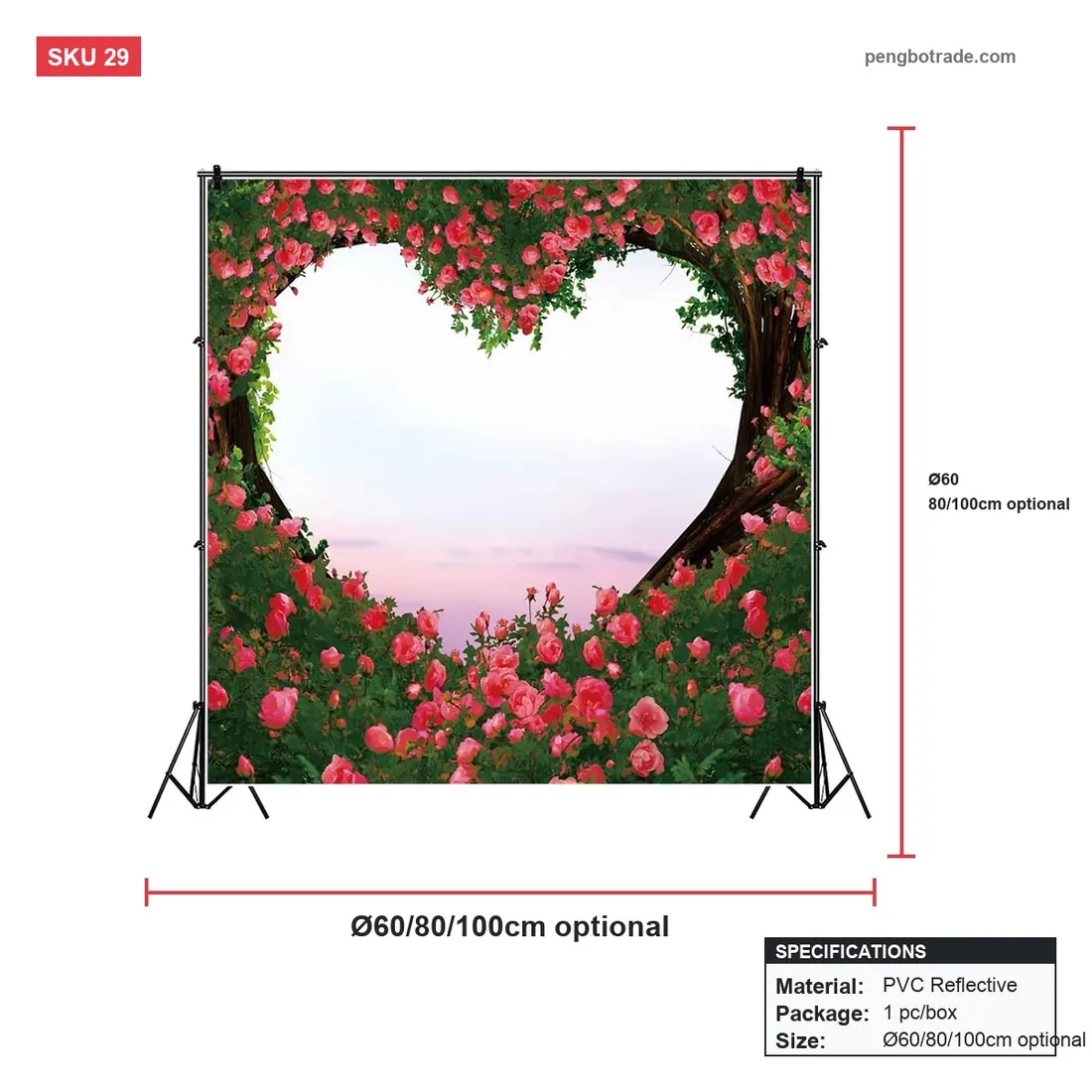 8x8ft roter ausgeschnittener Herz-Hochzeitshintergrund aus Tüll für die Valentinstagsparty — Blumenwände Größendiagramm (PB-29)
