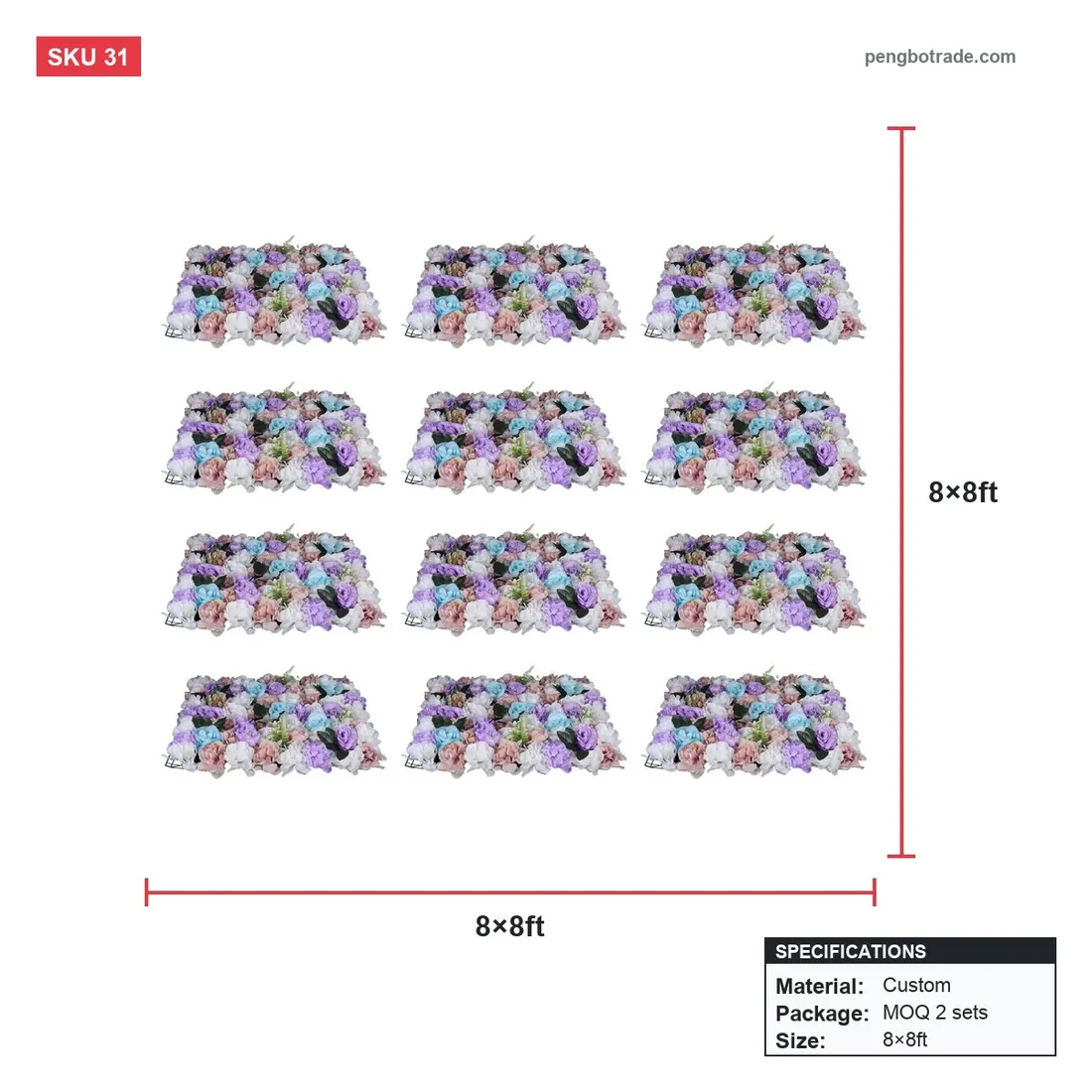 5D Lila Rosa Hochzeitshintergrund Blumenwandbogen 8x8ft für Partydekoration — Blumenwände Größendiagramm (PB-31)
