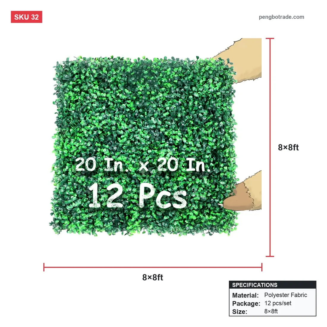 8x8ft grüne Buchsbaumhecke Hochzeits-Hintergrund-Wandpaneel für Gartenparty — Blumenwände Größendiagramm (PB-32)