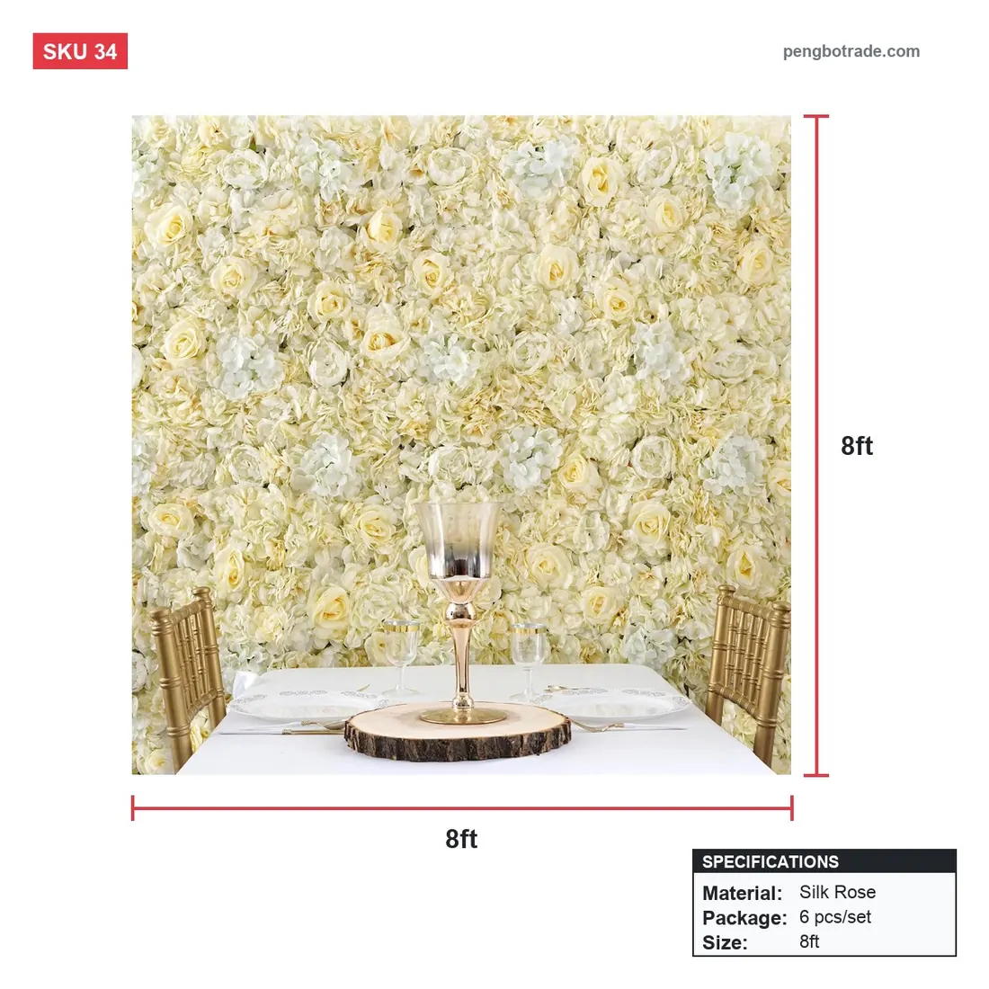 Champagner-Rosen-Luxus-Hochzeits-Hintergrund, Blumenwand, 2,4 x 2,4 m, für Party-Fotokabine — Blumenwände Größendiagramm (PB-34)