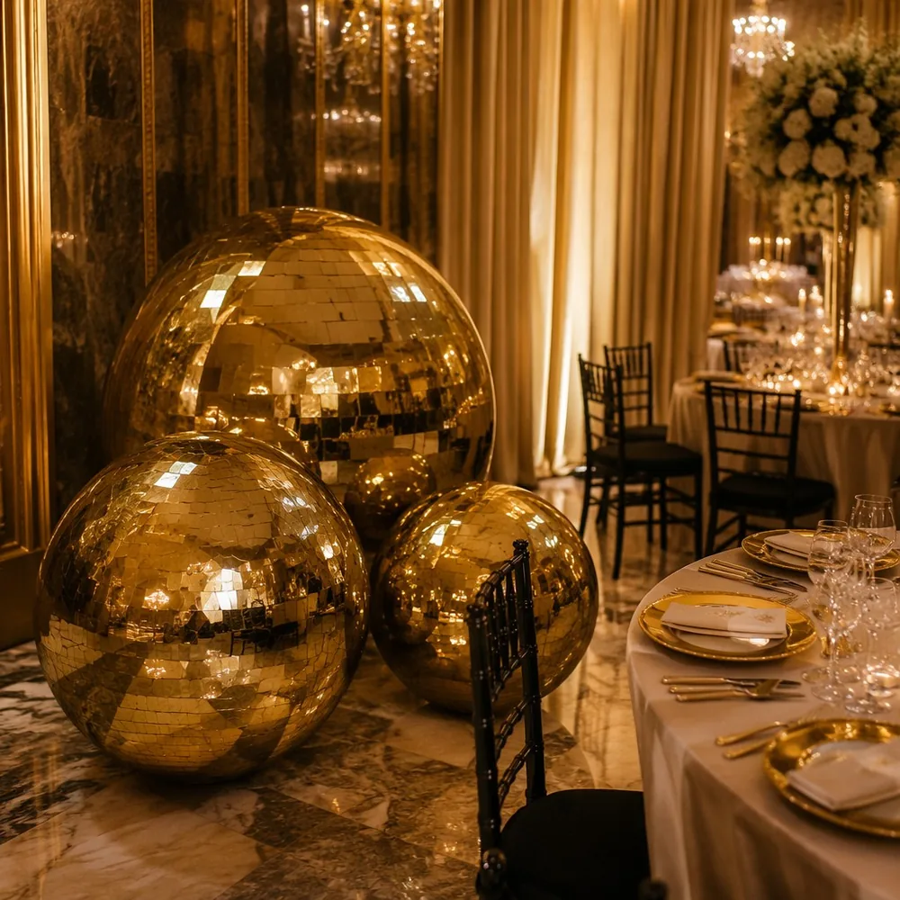 Goldene aufblasbare Disco-Spiegelkugel für Hochzeitsfeier, Event-Dekoration — Aufblasbare Spiegelkugeln Event-Setup-Foto (PB-36)