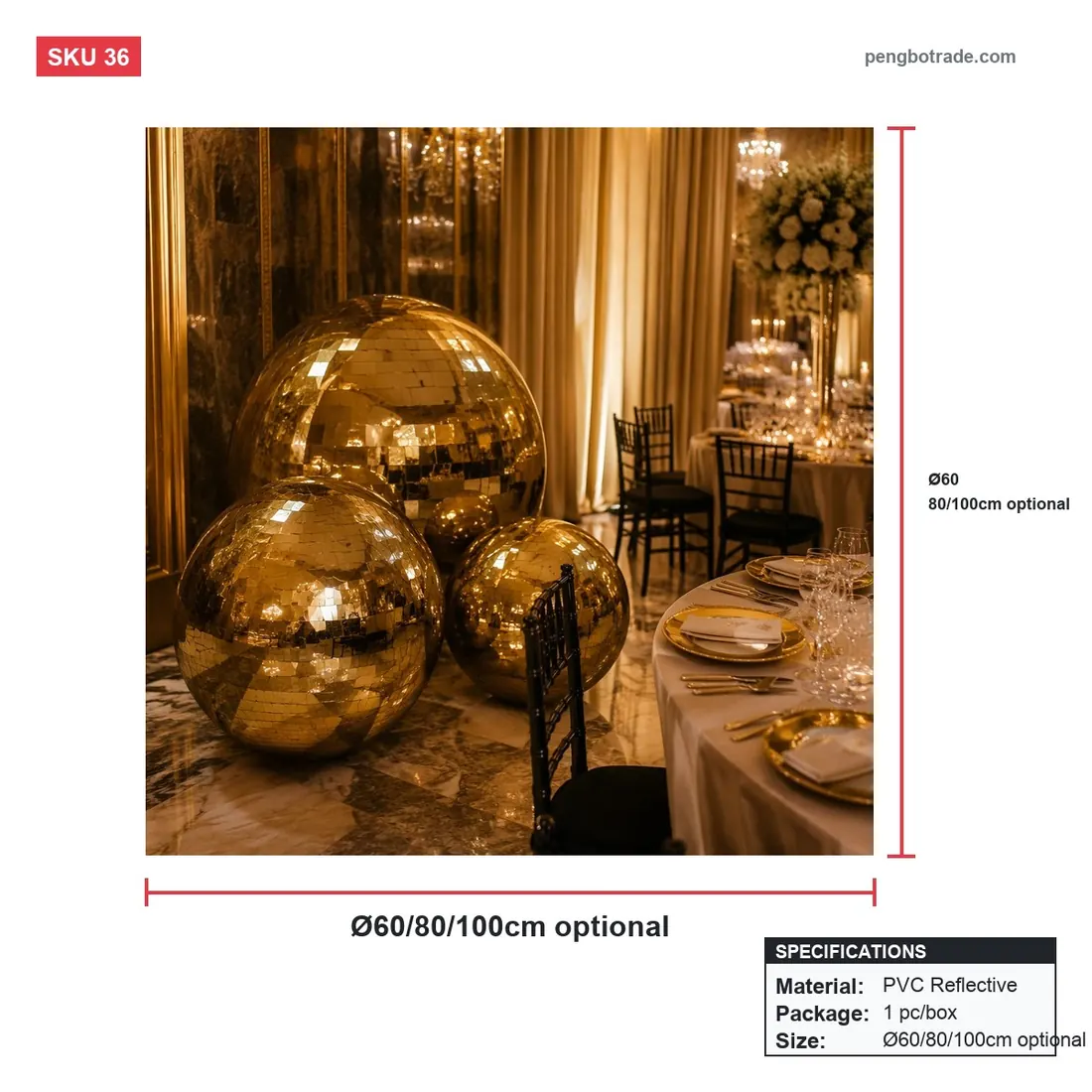 Goldene aufblasbare Disco-Spiegelkugel für Hochzeitsfeier, Event-Dekoration — Aufblasbare Spiegelkugeln Größendiagramm (PB-36)