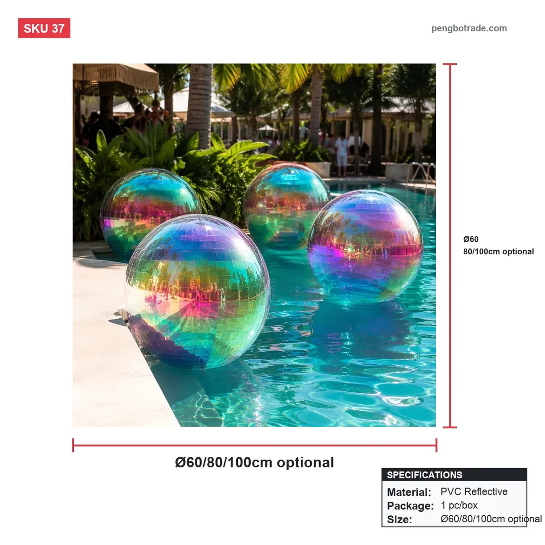 Regenbogen-aufblasbare Disco-Spiegelkugel für Geburtstagsparty-Event-Dekoration — Aufblasbare Spiegelkugeln Größendiagramm (PB-37)