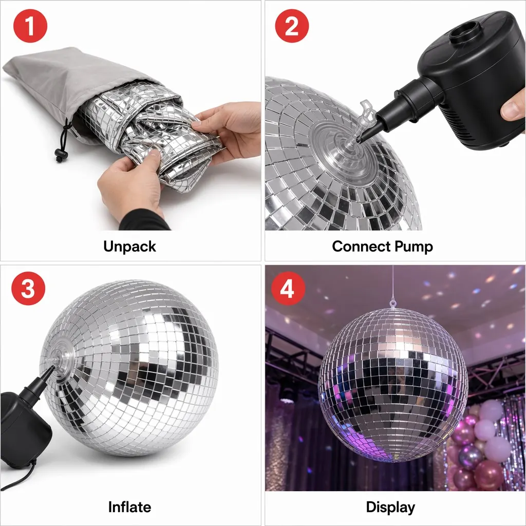 Bola de espejo de discoteca inflable roja para decoración de eventos de fiesta de boda — Bolas de espejos inflables guía de instalación (PB-41)