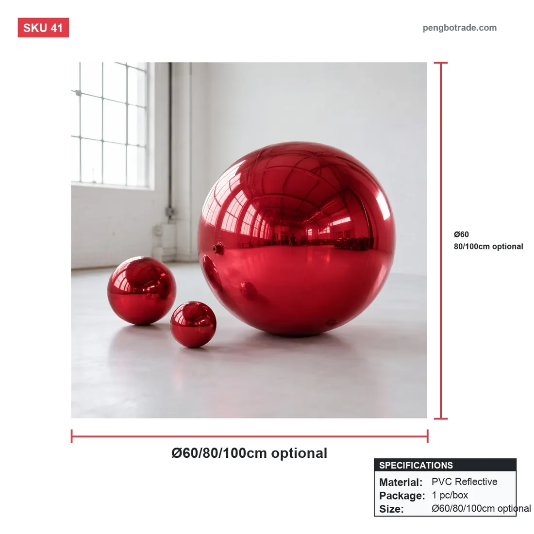 Bola de espejo de discoteca inflable roja para decoración de eventos de fiesta de boda — Bolas de espejos inflables diagrama de tamaño (PB-41)