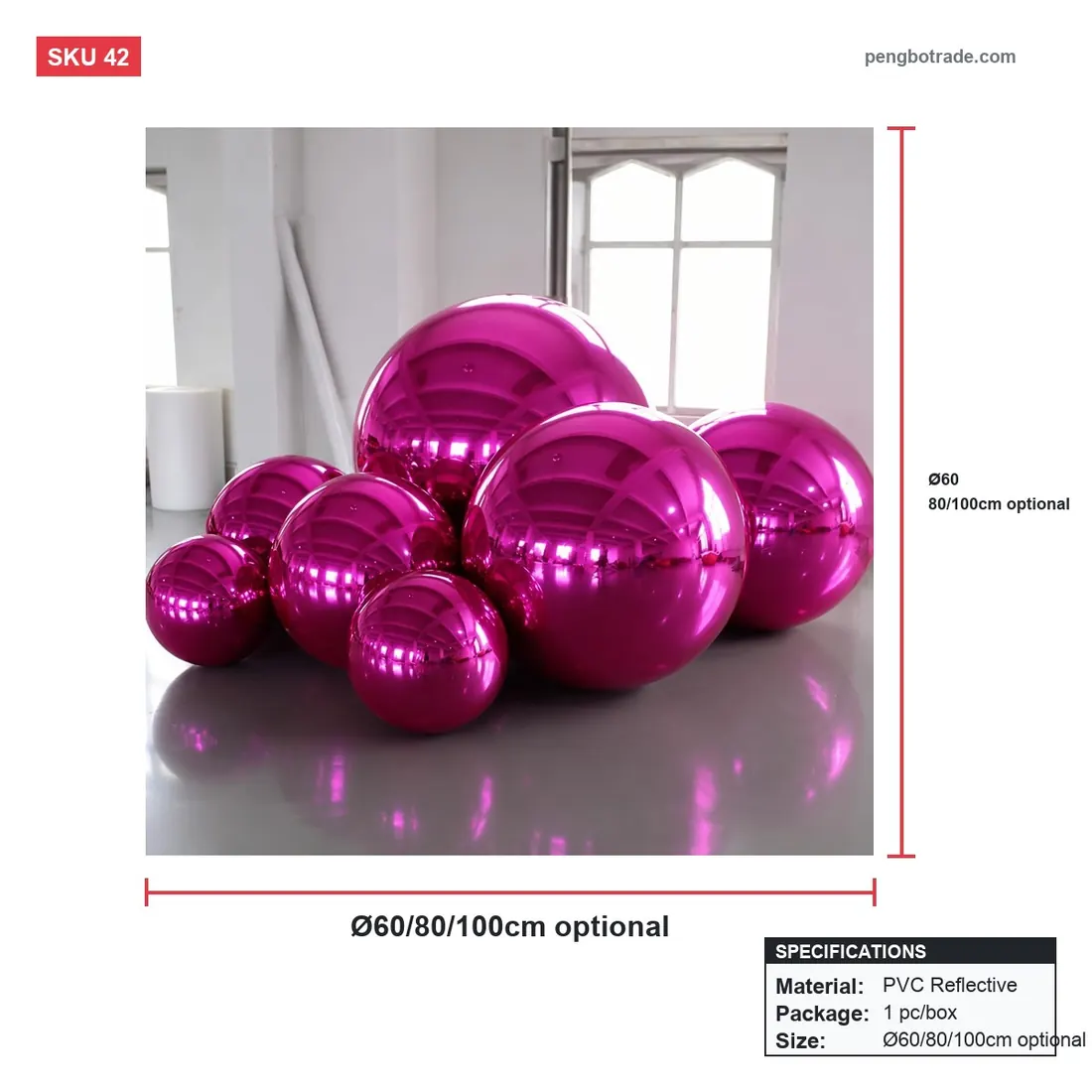 Pinke aufblasbare Disco-Spiegelkugel für Geburtstagsparty-Dekoration — Aufblasbare Spiegelkugeln Größendiagramm (PB-42)