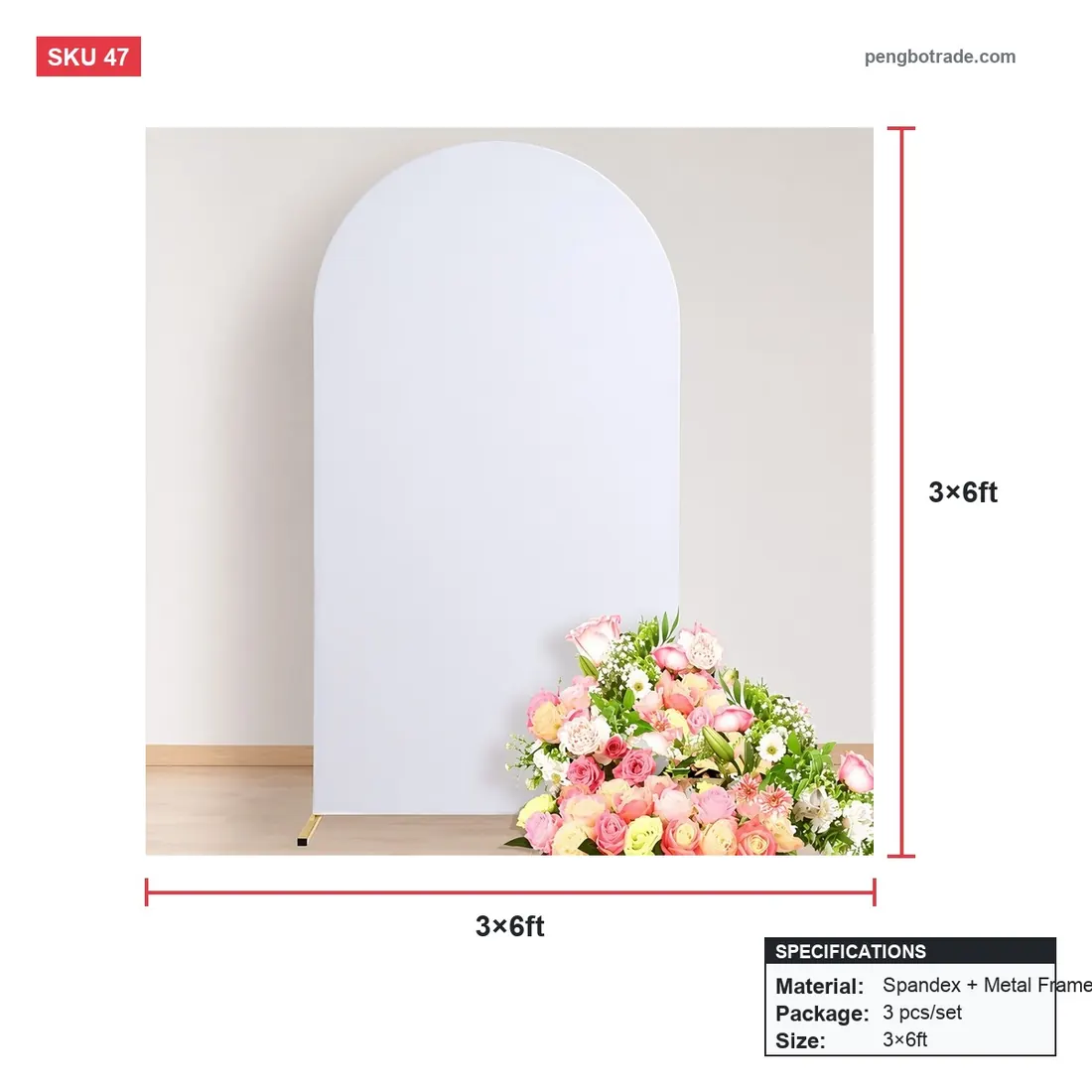 Chiara Arch Hintergrund-Ständerrahmen, nur wiederverwendbar für Hochzeitsfeiern — Chiara-Hintergründe Größendiagramm (PB-47)