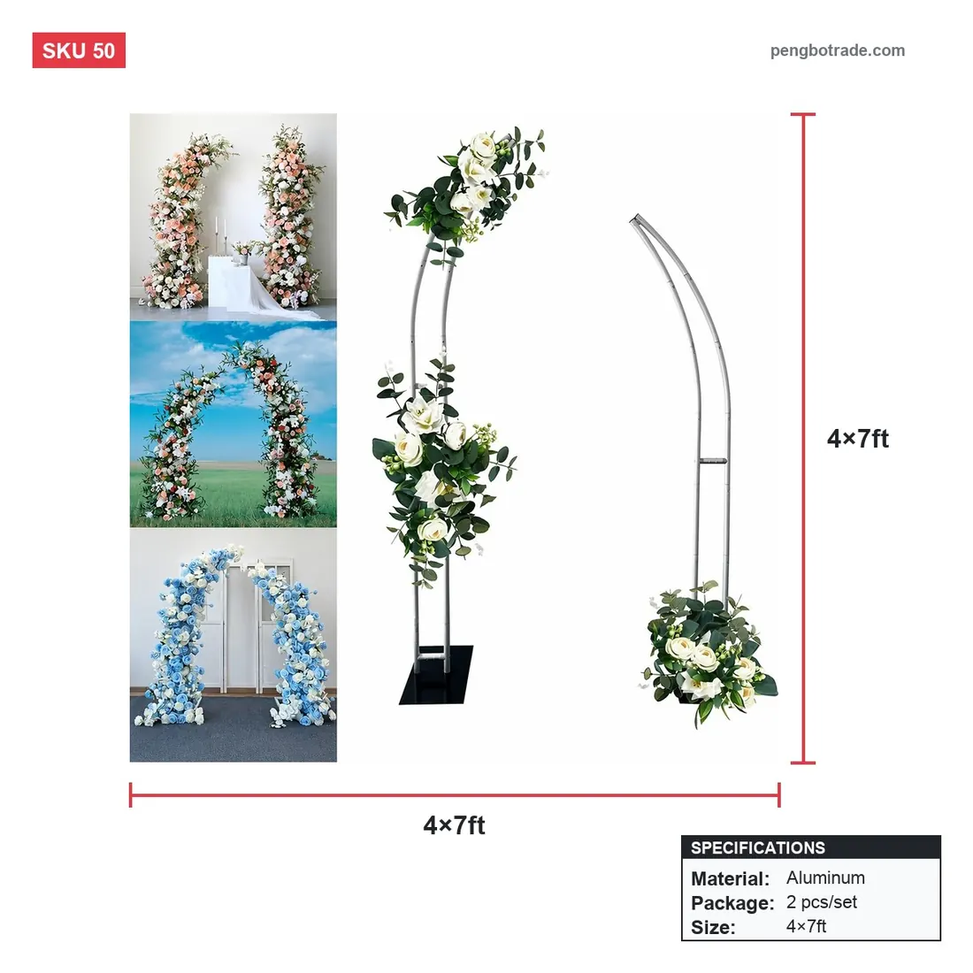 4x7ft halber Vasen-Hintergrundständerrahmen 122x213cm für Hochzeitsfeier-Event — Ständer und Rahmen Größendiagramm (PB-50)