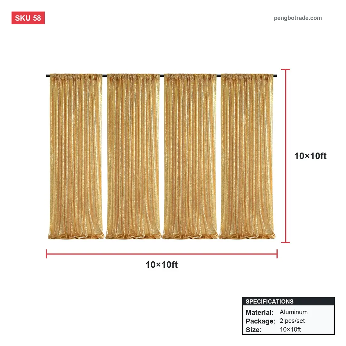 2,6 x 1 Fuß Pailletten-Vorhang-Tischhintergrund mit Ständer für Party-Desserttisch — Ständer und Rahmen Größendiagramm (PB-58)