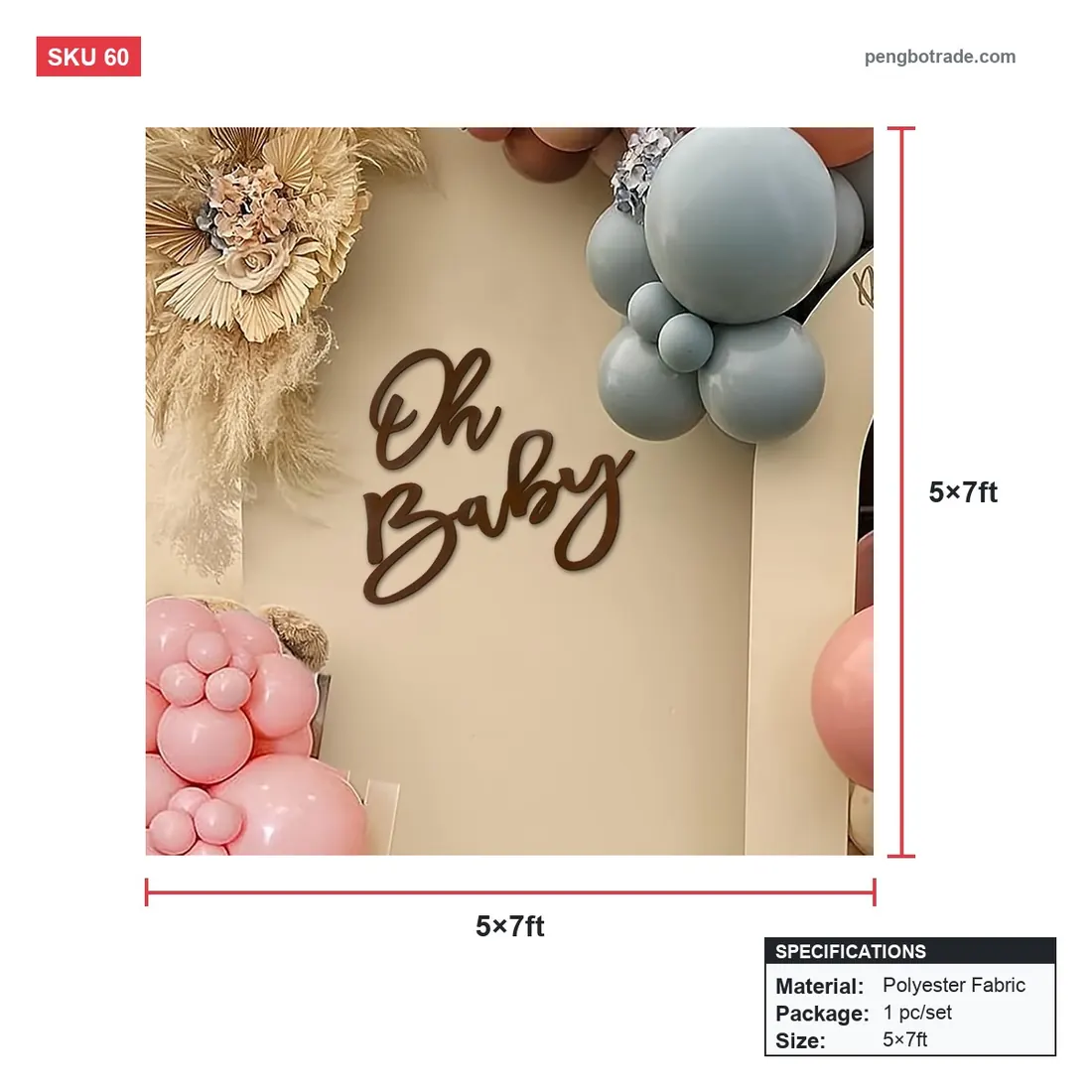 Hintergrund zum 1. Geburtstag „Oh Baby“, individuell bedruckte Wand für die Babyparty — Individuelle Stoffhintergründe Größendiagramm (PB-60)