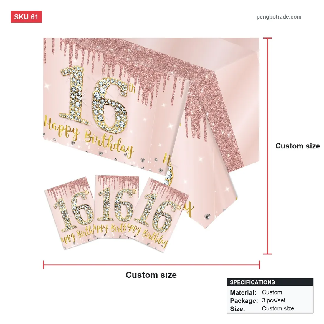 Individuell bedruckte Tischdecke zum 16. Geburtstag für die Sweet-16-Party — Individuelle Stoffhintergründe Größendiagramm (PB-61)