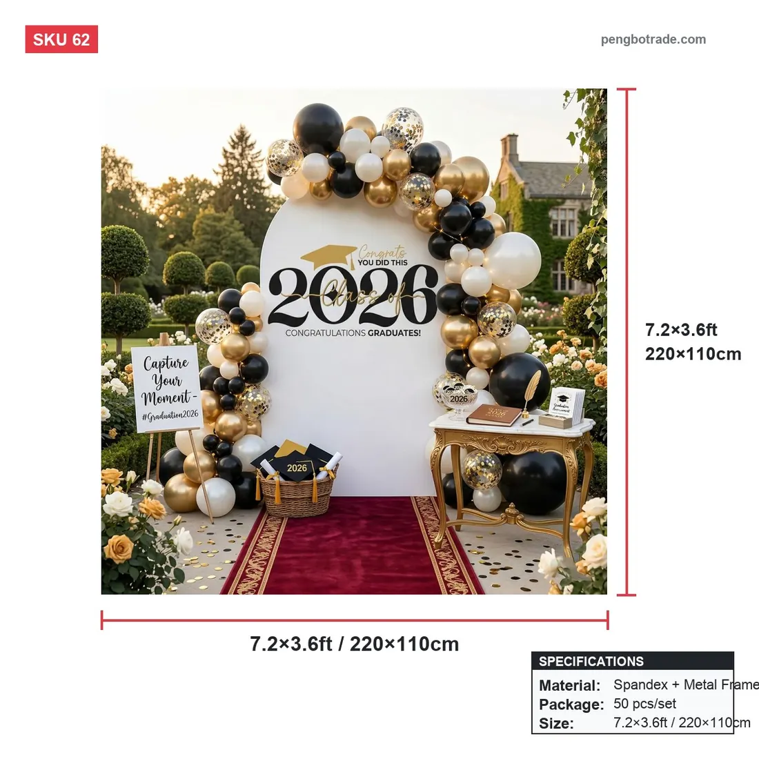 2026 Glitzer-Abschluss-Chiara-Bogen-Hintergrundabdeckung für die Abschlussfeier — Chiara-Hintergründe Größendiagramm (PB-62)