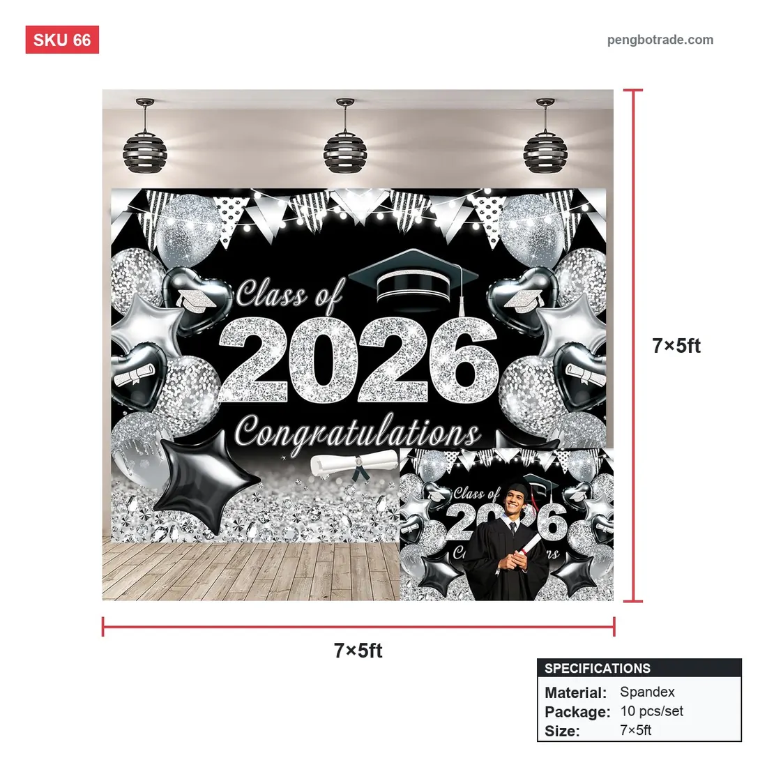 2026 Schwarz-Silber-Abschluss-Hintergrundwand für Absolventenparty-Fotokabine — Abschluss 2026 Größendiagramm (PB-66)