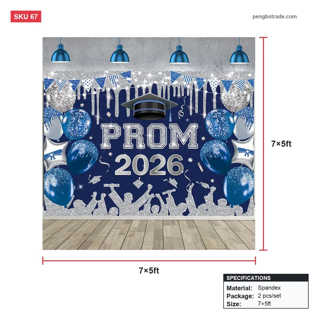 2026 Blau-Silber-Abschlussball-Step-and-Repeat-Hintergrundwand für die Abschlussballparty — Abschluss 2026 Größendiagramm (PB-67)