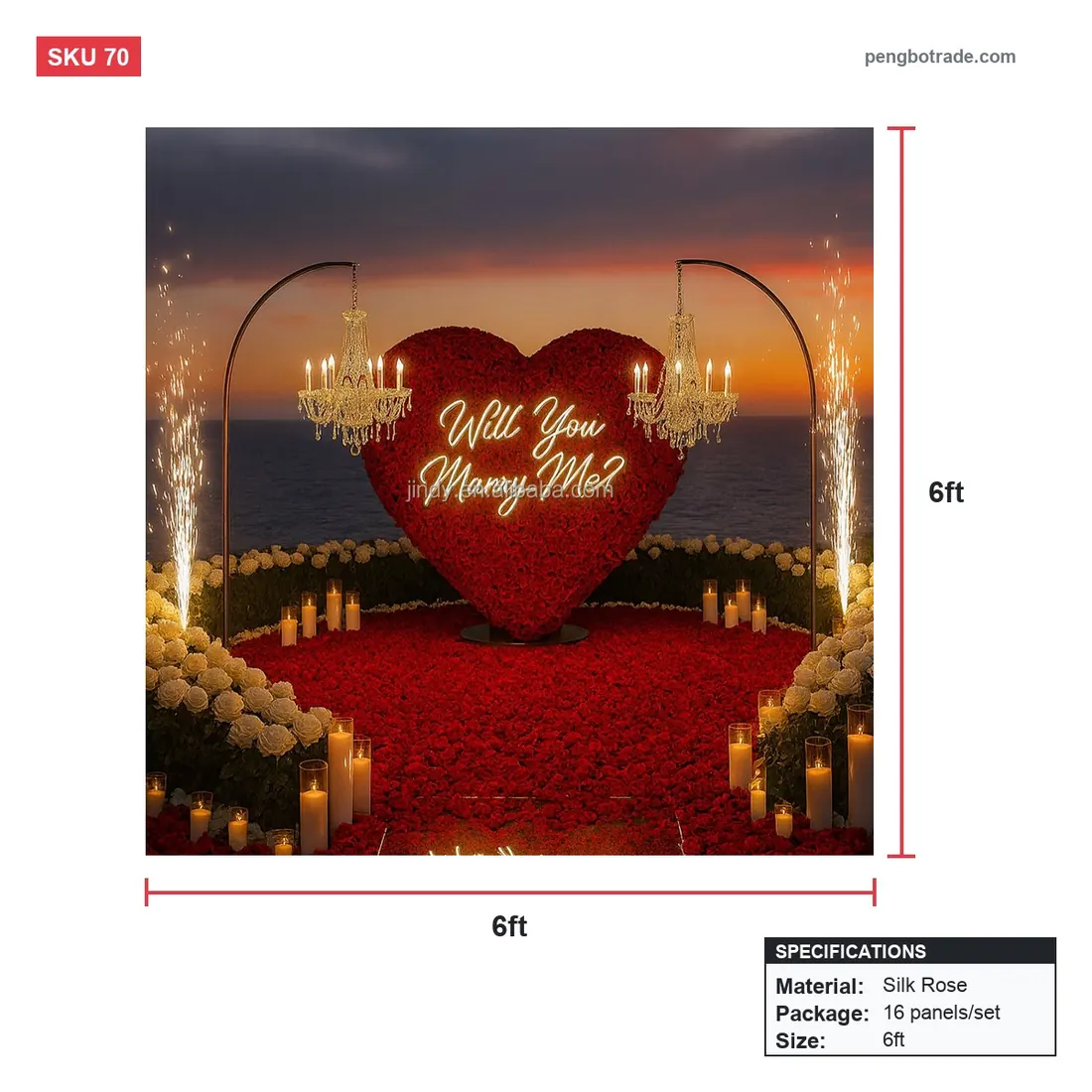 8 Fuß rote Rose Herz Hochzeit Hintergrund Blumenwand 244 x 244 cm für Indoor-Party — Blumenwände Größendiagramm (PB-70)