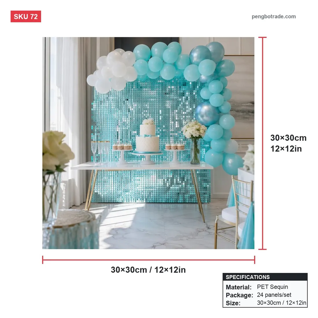 Paneles de fondo azul Tiffany para Baby Shower, pared brillante con lentejuelas, 24 Uds. Para fiesta — Paneles de pared brillantes diagrama de tamaño (PB-72)