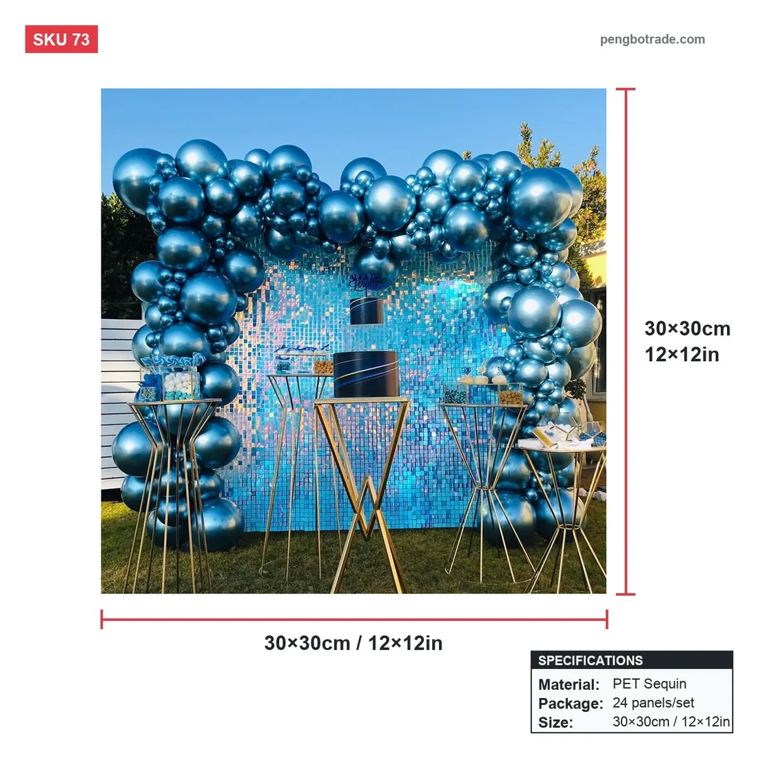 Panneaux d'arrière-plan de mariage bleu Royal, 24 pièces, mur scintillant à paillettes pour décoration de fête — Panneaux muraux chatoyants diagramme de taille (PB-73)