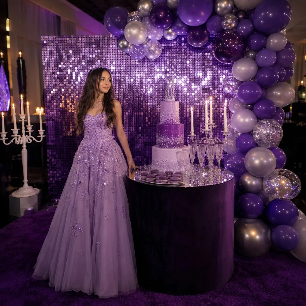 Lila Geburtstags-Hintergrundpaneele mit Pailletten, schimmernder Wand, 24 Stück, für Party, Fotokabine — Schimmernde Wandpaneele Event-Setup-Foto (PB-74)