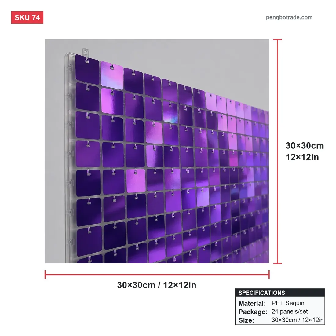 Lila Geburtstags-Hintergrundpaneele mit Pailletten, schimmernder Wand, 24 Stück, für Party, Fotokabine — Schimmernde Wandpaneele Größendiagramm (PB-74)
